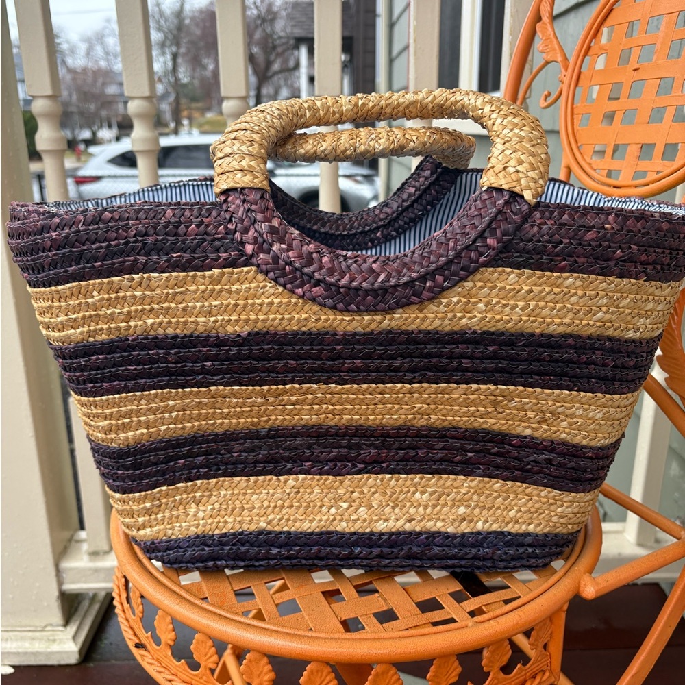 VINTAGE STRAW STUDIO Navy Striped Straw Lined Tote Bag